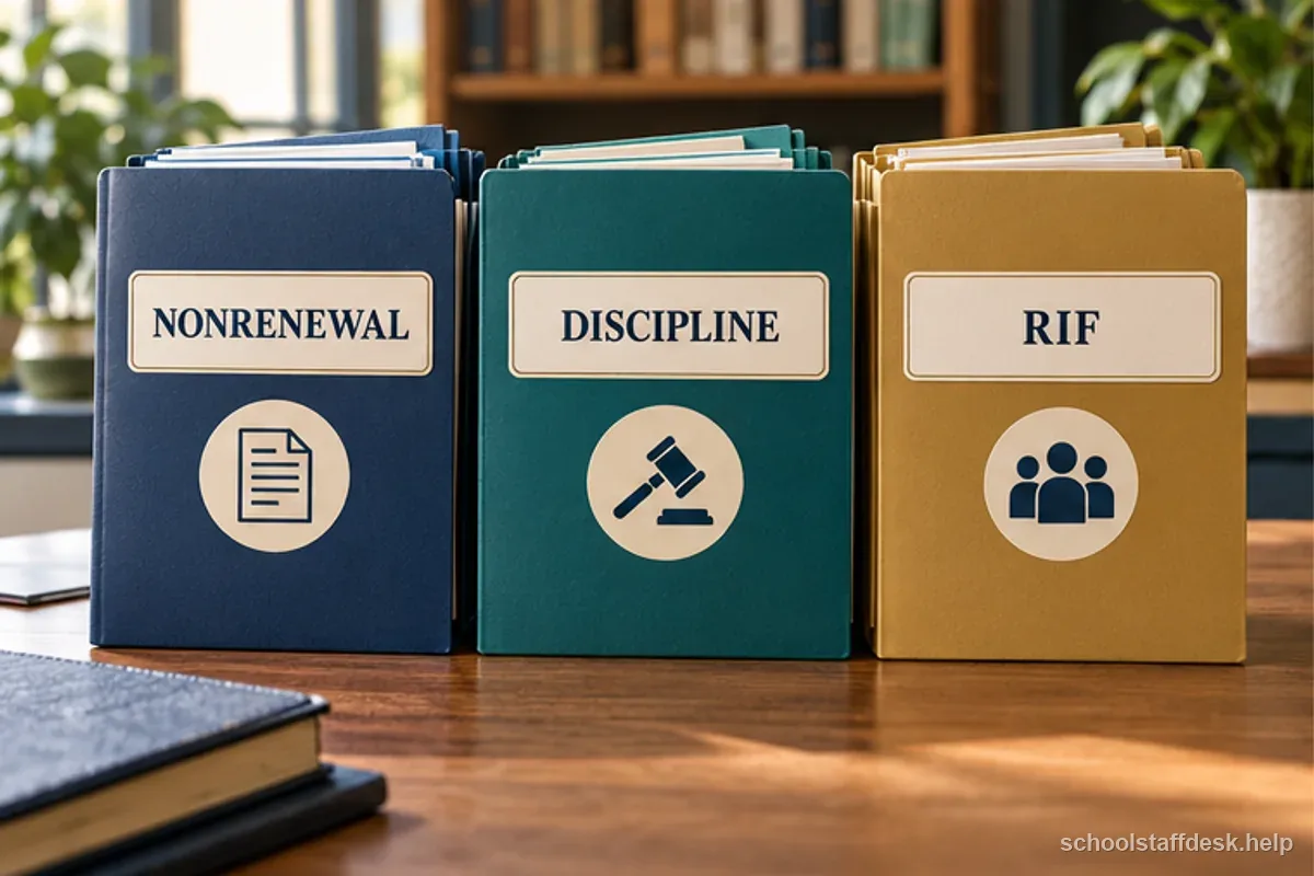 A three-column labeled comparison distinguishes nonrenewal, disciplinary action, and a reduction in force.
