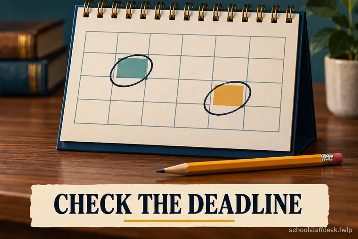 A labeled deadline sequence shows a teacher checking the official rule, response date, and local adviser.