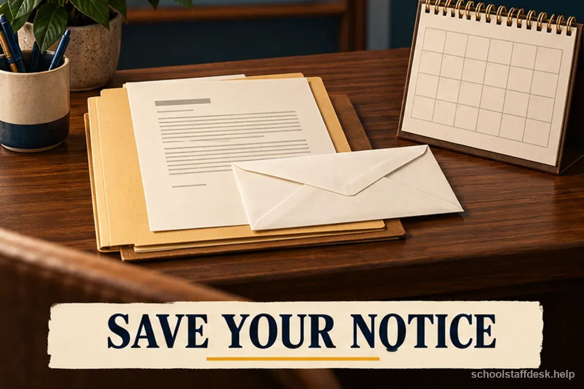 A labeled records checklist shows a teacher saving a notice, contract, evaluation, and delivery date.
