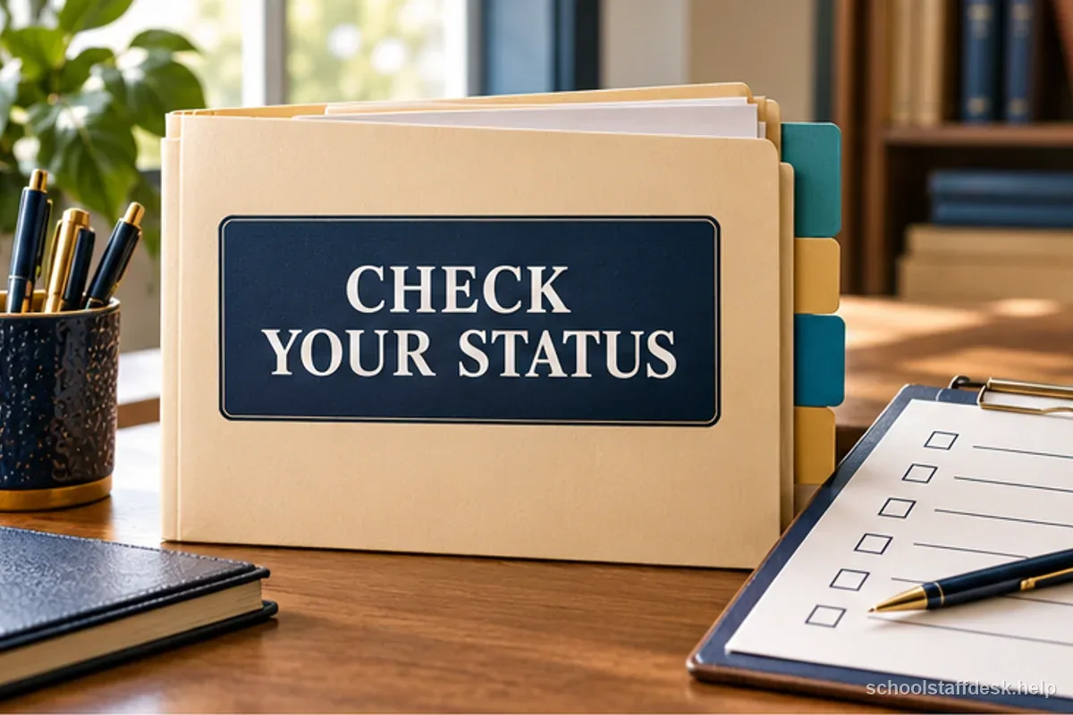 A labeled checklist shows a teacher verifying employment status, appointment date, and governing documents.