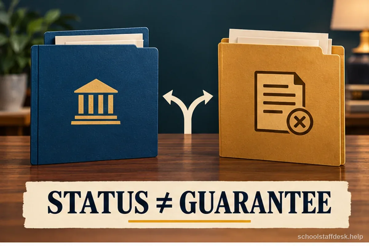 A labeled document diagram explains that tenure is a status with limits, not a lifetime job guarantee.