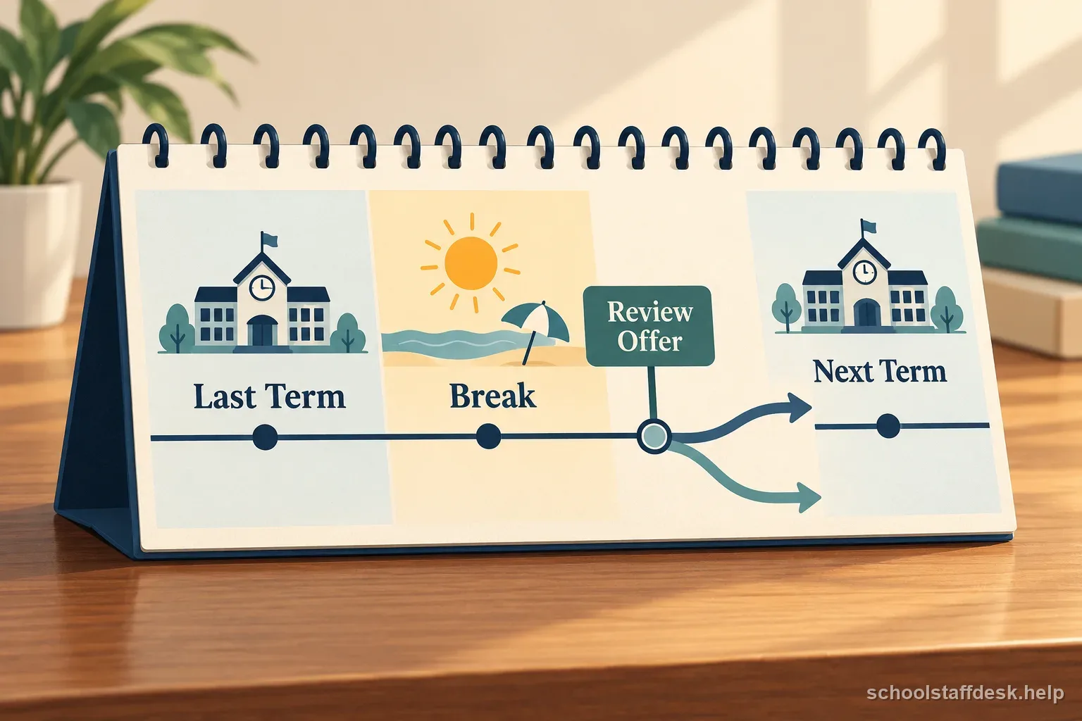 A calendar timeline shows contract dates, pay dates, and a summer interval to plan for.
