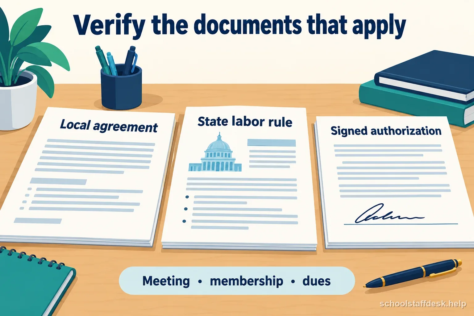 A school labor guide shows a local agreement, state labor rule, and signed dues authorization as separate documents to verify