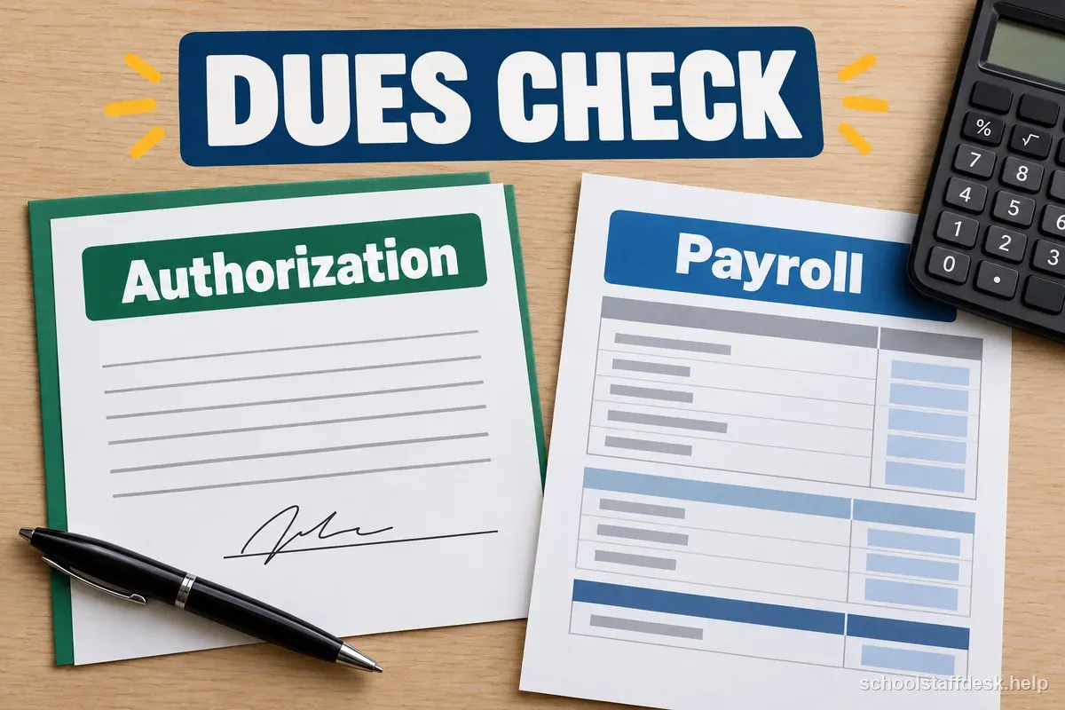 Fictional payroll and dues authorization pages beside a calculator, with no personal information or amounts.