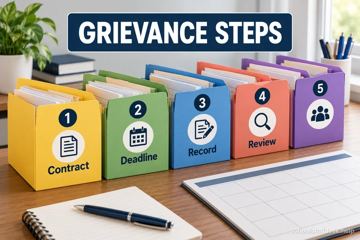 Five fictional grievance folders labeled contract, deadline, record, review, and representative on a desk.