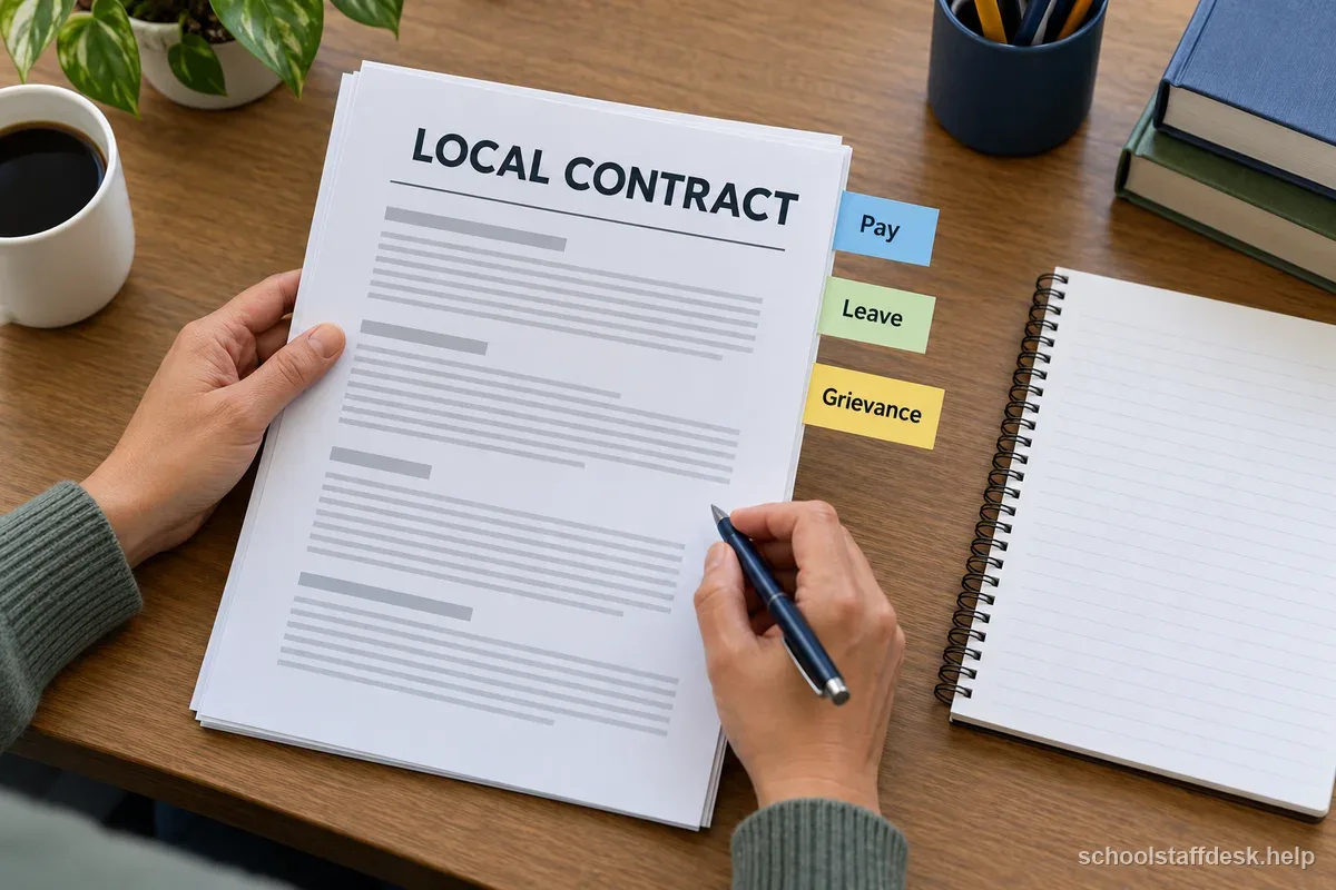 Fictional school-office desk with a collective-bargaining agreement and tabs for pay, leave, and grievance terms.