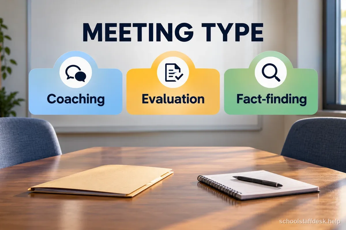 Empty school meeting room with three labeled meeting categories: coaching, evaluation, and fact-finding.