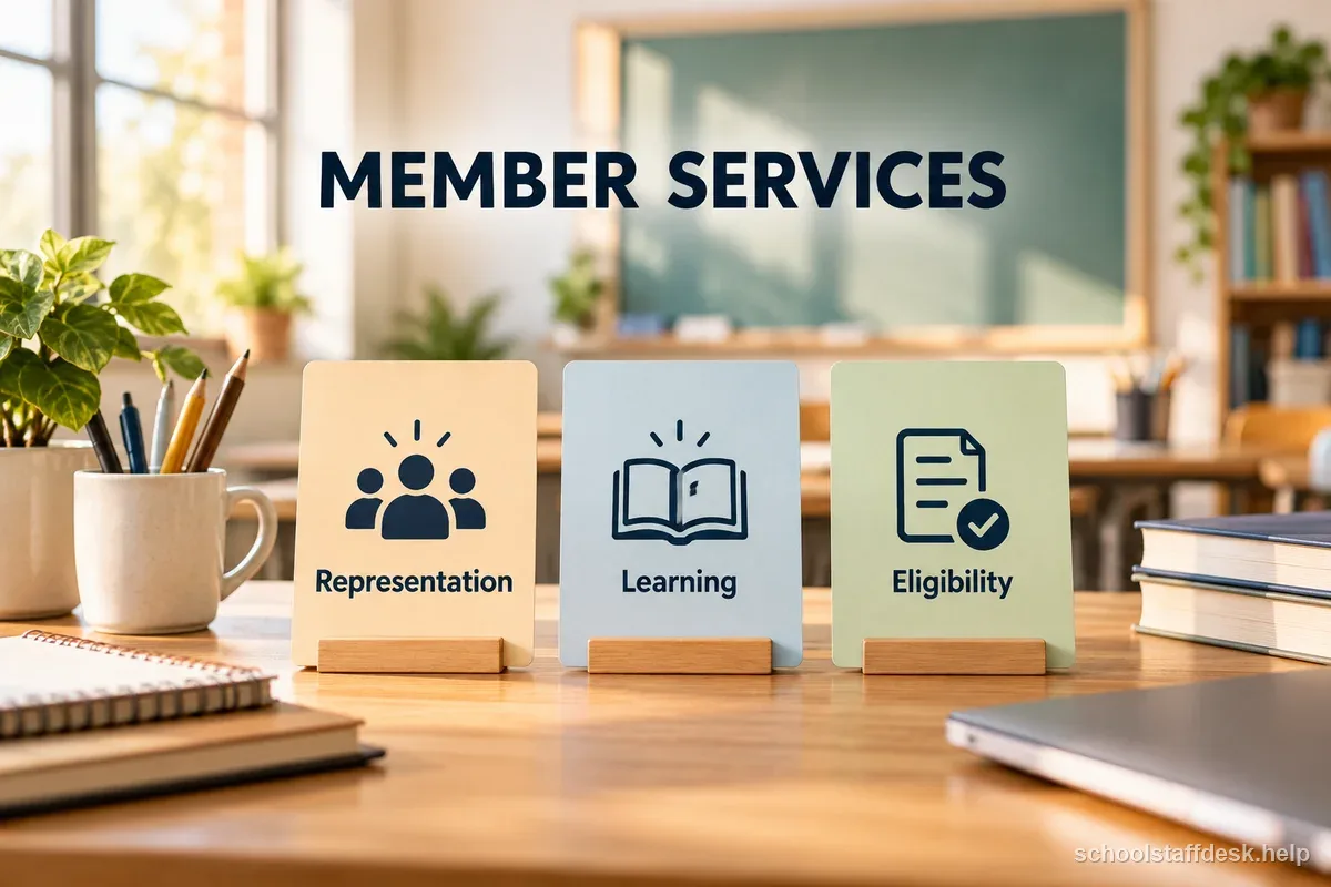 Three generic school-office service cards label representation, learning, and eligibility on a desk.