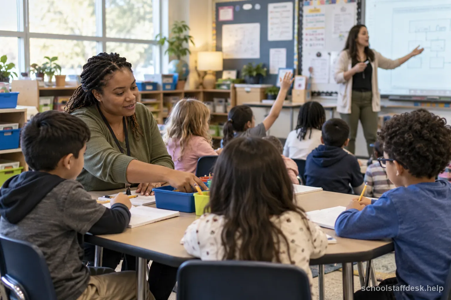 A paraprofessional supports students at a small table while the teacher leads class