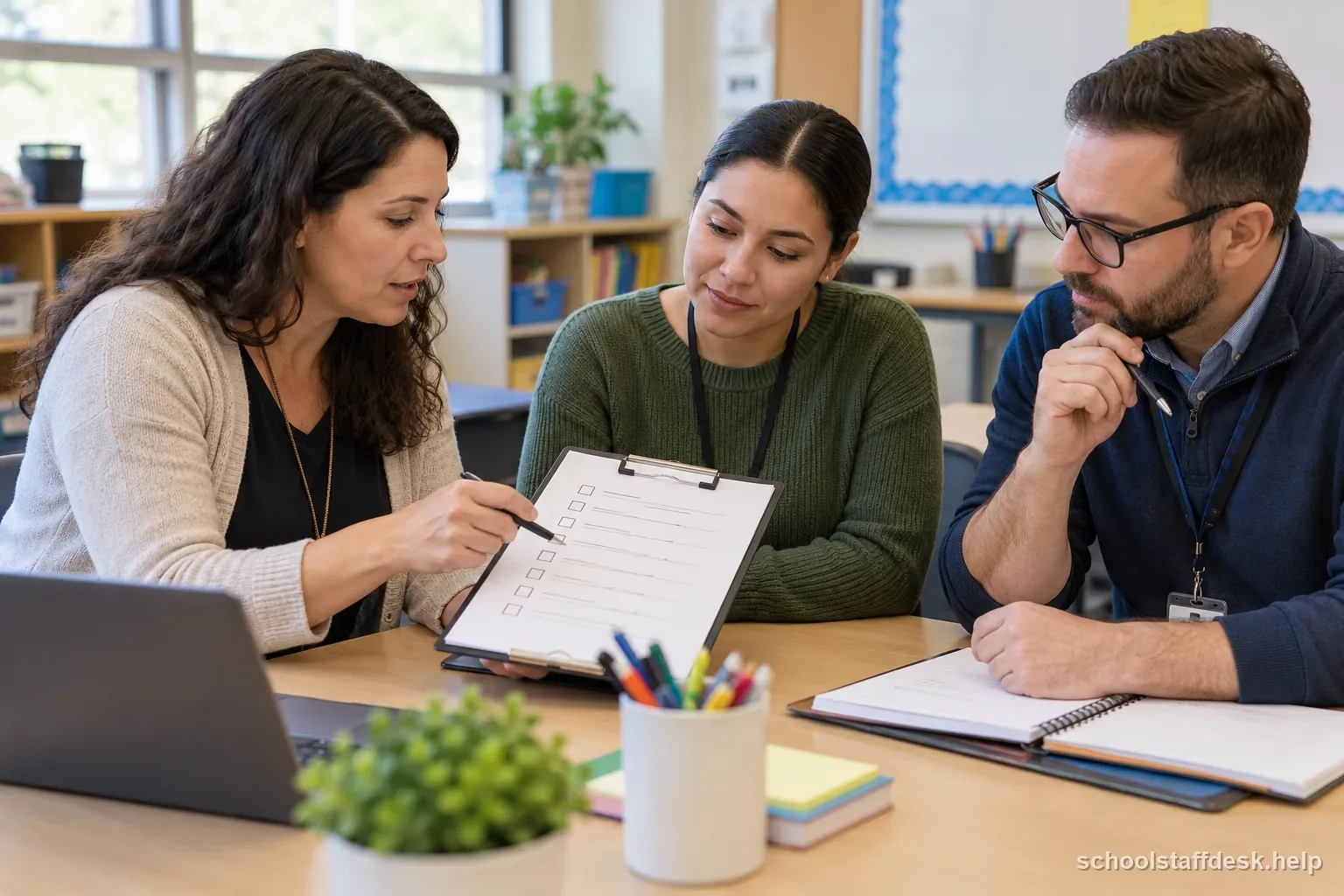 A teacher, paraprofessional, and case manager coordinate around a generic support checklist
