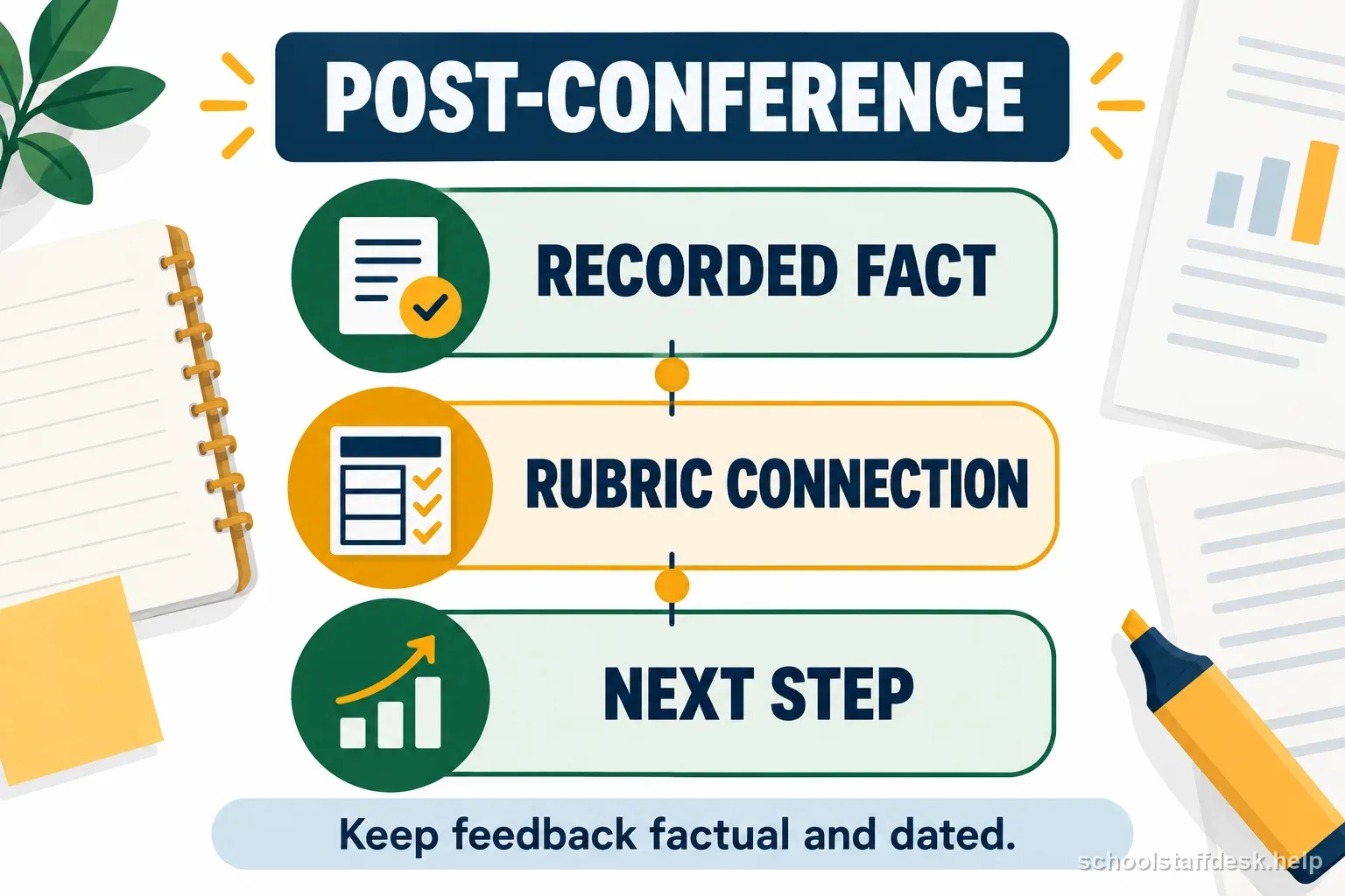 Post-conference sequence linking a recorded fact to rubric language and a concrete next step