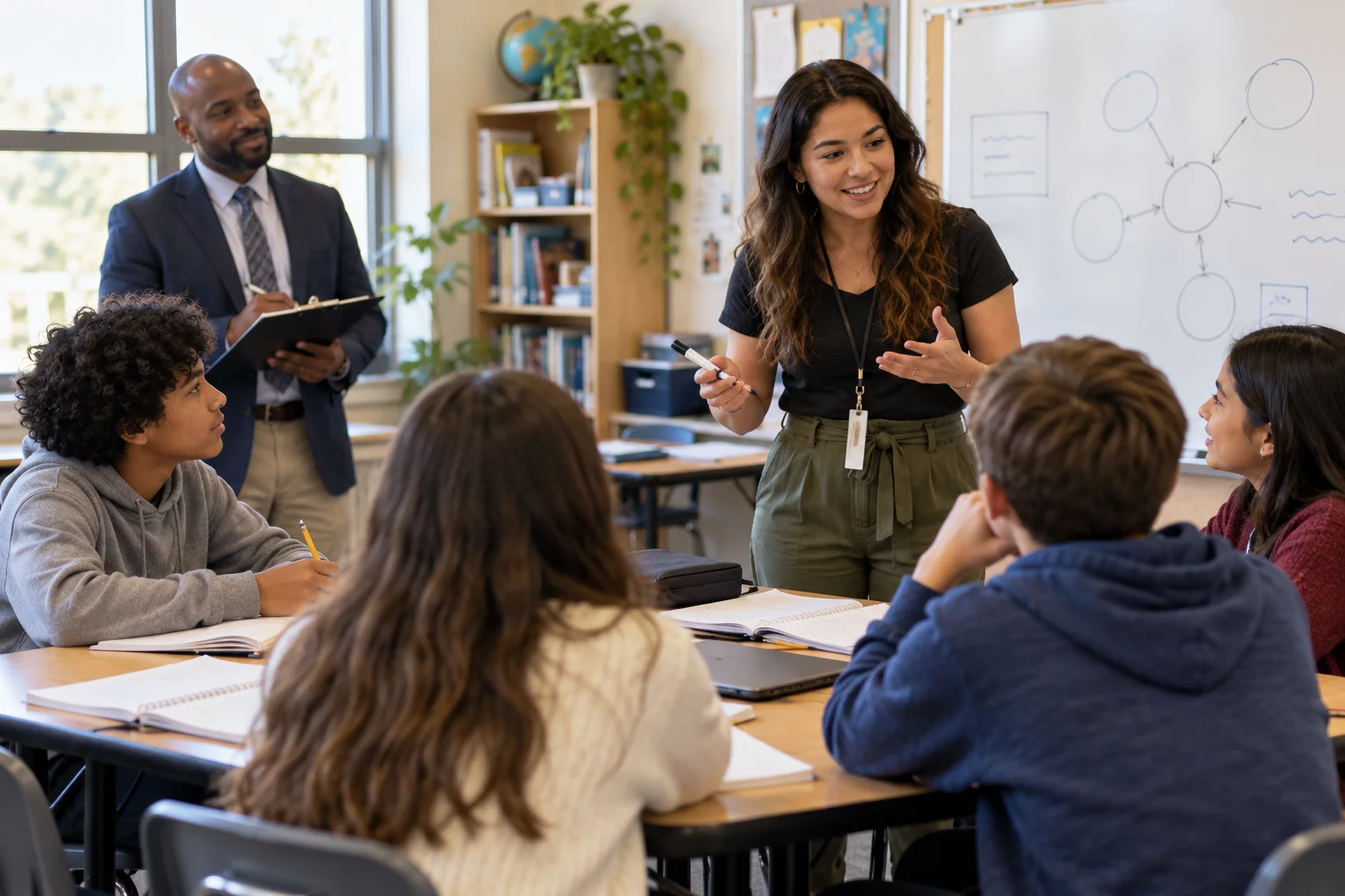 A teacher candidate leads a short classroom lesson while an administrator observes